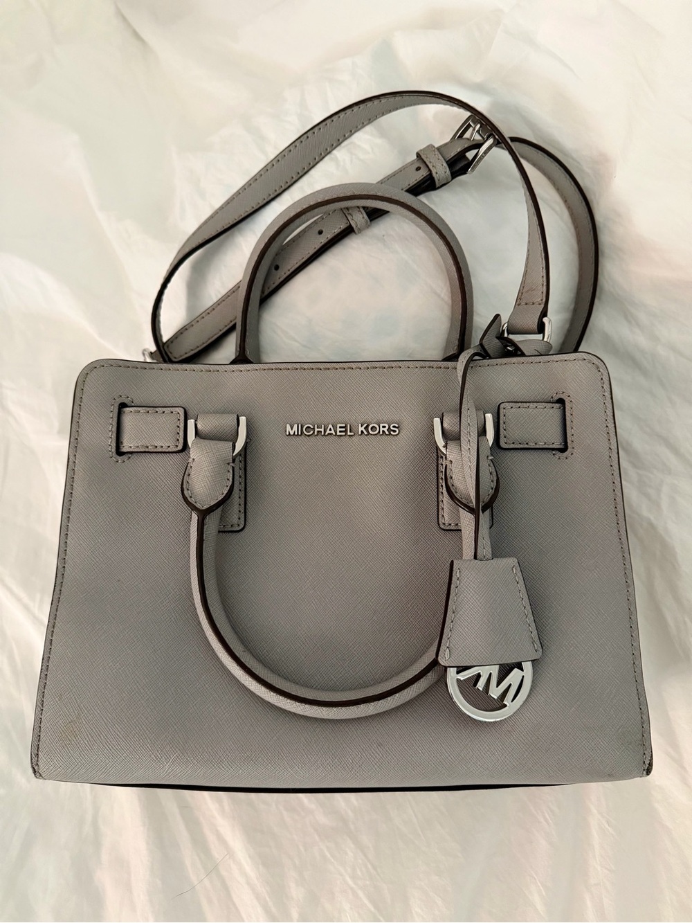 Michael Kors Light Gray Saffiano Leather Dillon Satchel with Silver Hardware